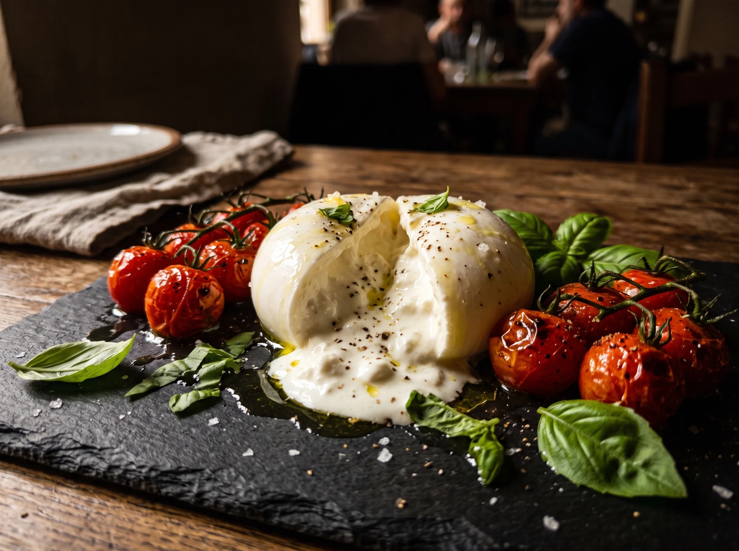 Świeża Burrata Pugliese z pieczonymi pomidorkami